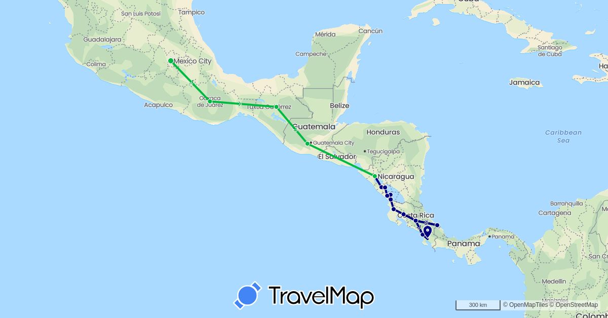 TravelMap itinerary: driving, bus in Costa Rica, Guatemala, Mexico, Nicaragua (North America)